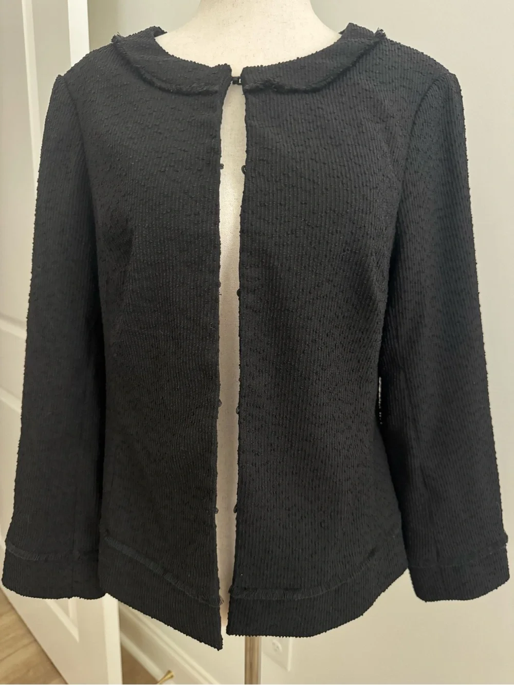 Karl Lagerfeld Paris Black Textured Tweed Fringed Lady Jacket - Size 8